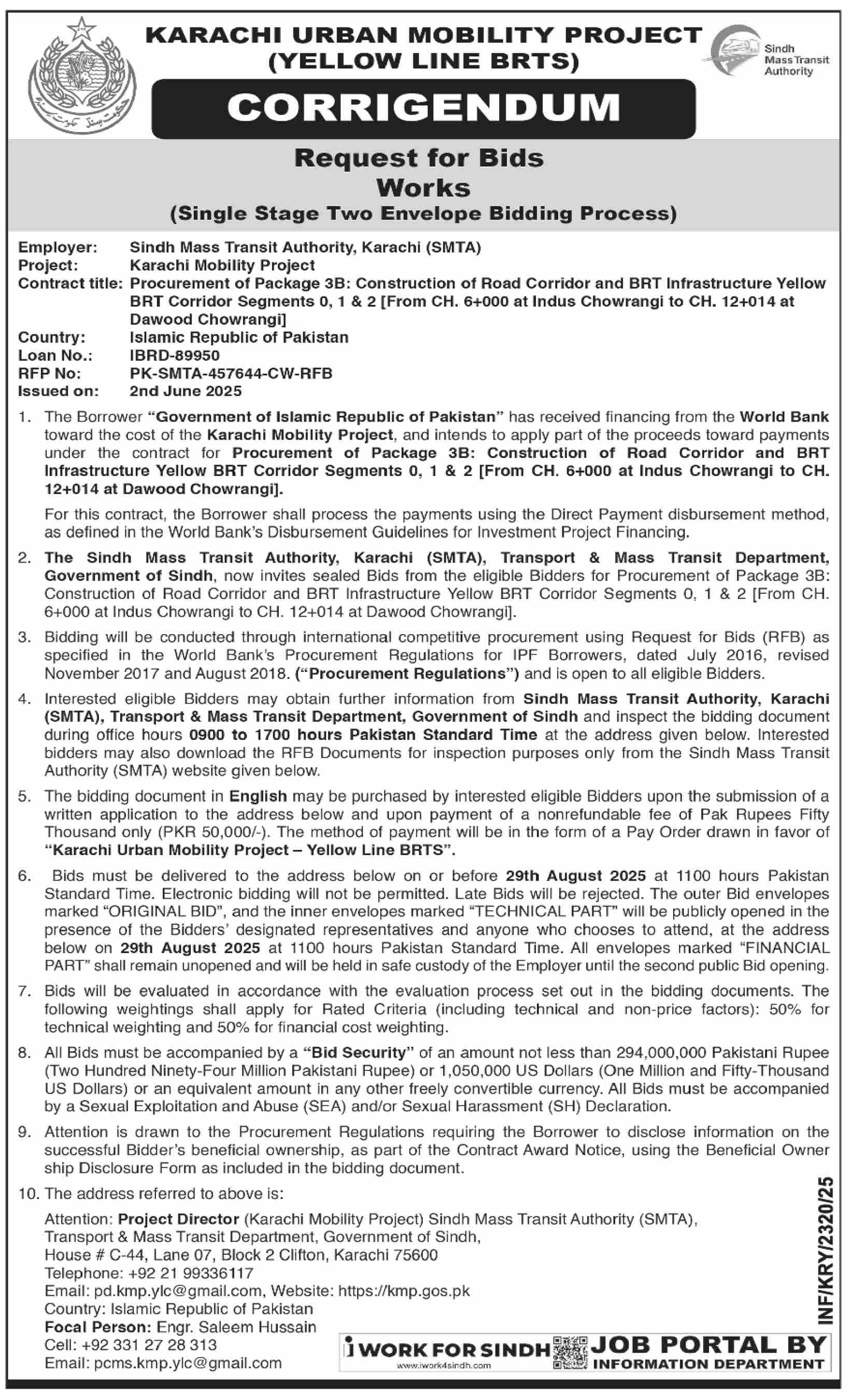 Karachi Urban Mobility Project Tender Notice